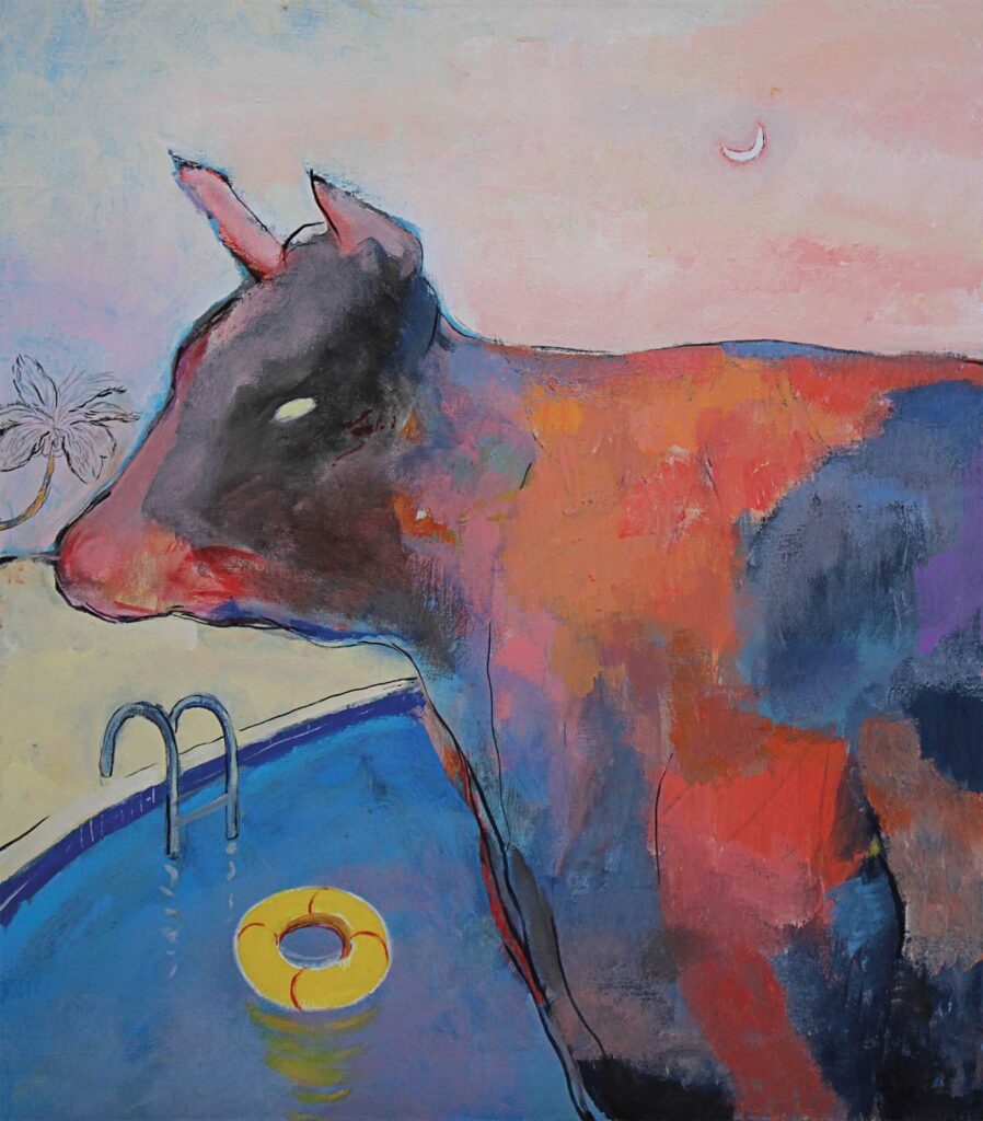 The Cow Goes To The Pool, by Artem Andreichuk, 2023, Acrylic on canvas, 80 x 70 cm | 31 x 27.56 in, Courtesy of Kyiv Gallery kyiv.gallery/en