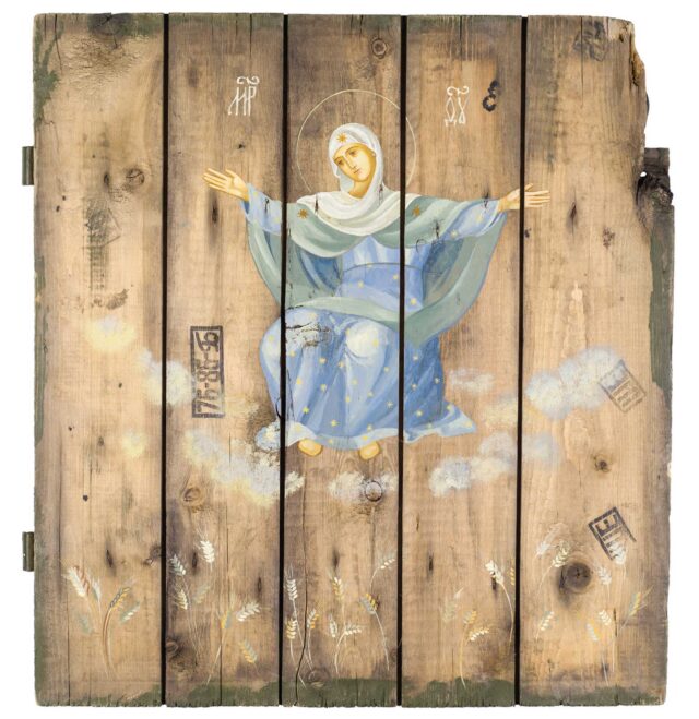 Blessed Virgin The Spiritess Of Bread, by Sofia Atlantova | Olexander Klimenko, 2018, Tempera on lid of ammo box, 53 x 47 cm | 21.2 x 18.8 in. The box was brought from Avdiivka (Industrial Zone) by volunteer doctors of the Mykola Pyrohov FVMH, © Sofia Atlantova | Olexander Klimenko