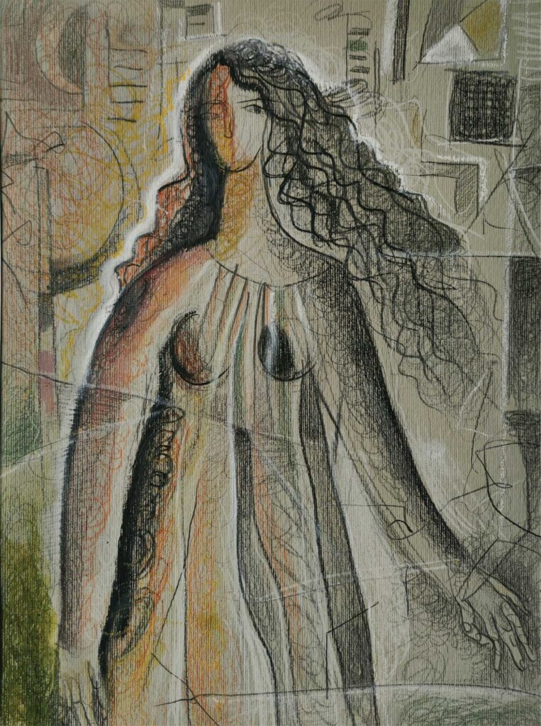 Woman And The Sity by Pavlo Makedonskyi, 2024, Pencil, pastel, paper, 39 x 29 cm | 15.35 x 11.42 in. Courtesy of Kyiv Gallery kyiv.gallery/en