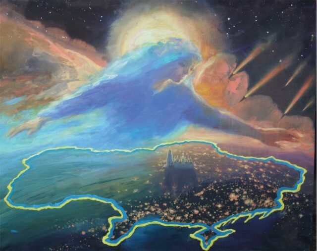 The Cover Of Oranta (Mother Goddess) Over Ukraine by Olena Samoilyk, 2023, Oil on canvas, 100 x 120 cm | 39.37 x 47.24 in. Courtesy of Kyiv Gallery kyiv.gallery/en